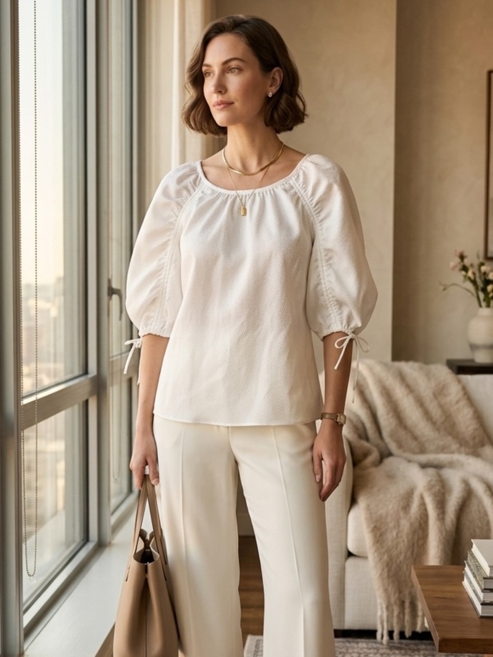 Ted Baker White Mayiann Puff Sleeve Textured Blouse Size 6 Minimalist Luxury